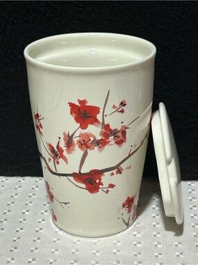 Tea Forte Tea Cup Mug Lid White Red Spring Blossoms 12oz
